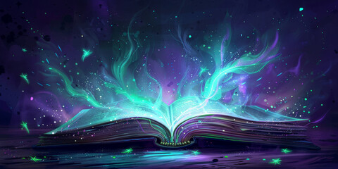  open book with pages turning into glowing light, magic book - obrazy, fototapety, plakaty
