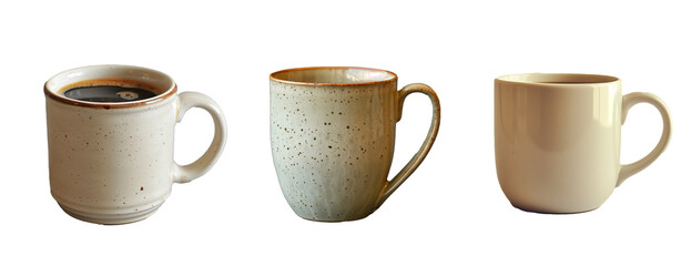 Three ceramic coffee mugs on white background