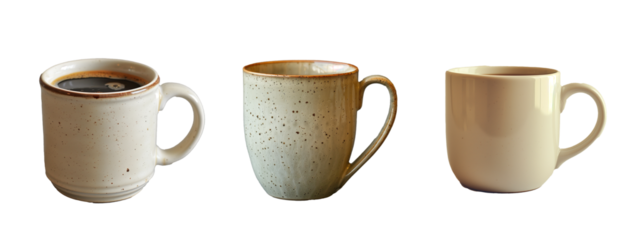 Three ceramic coffee mugs on white background