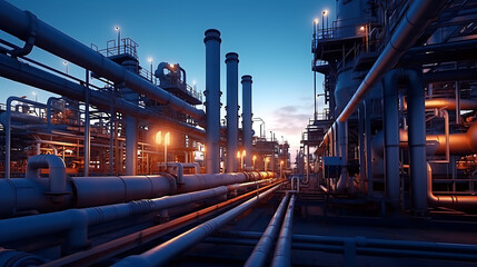 A network of pipes and valves in a modern oil refinery at dusk.
