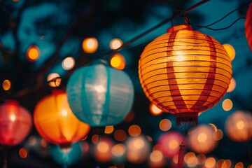 Fototapeta premium Warm yellow tones of hanging lanterns at night