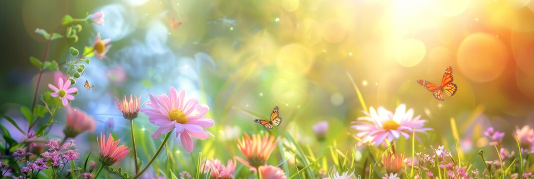 Beautiful spring meadow  background with grass, flowers and butterflies on a sunny day.  pink daisies and a purple butterfly in the sunlight. Spring concept banner design. Easter day. 
