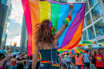 Vibrant Pride Parade Celebration with Joyful Participant Waving Large Rainbow Flag in Urban Setting