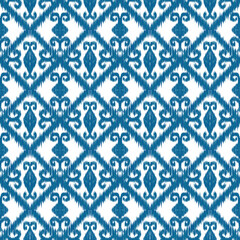 ikat seamless pattern. Indigo, Textile design, fabric pattern, indigo blue and white colors.