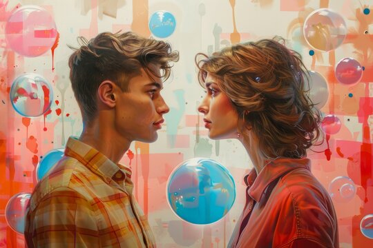 Intimate Young Couple in Dreamlike Surrounding with Colorful Transparent Spheres Art Illustration