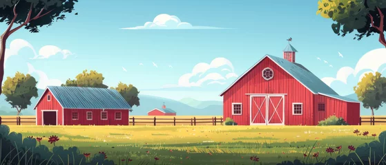 Tuinposter Traditional red barn in a bucolic field under a clear sky, evoking a rural Americana feel. © khonkangrua