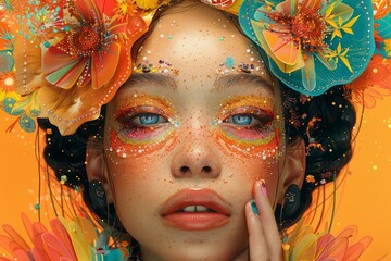 Vibrant Portrait of Woman with Floral Headdress and Colorful Makeup Against Orange Background
