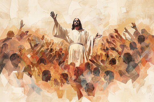 Jesus surrounded by the hungry masses, Jesus Feeds the Five Thousand simplicity and beauty of the miracle Christian Faith