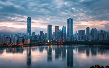 Fototapeta premium Chinese city sunset river scene,created with Generative AI tecnology.