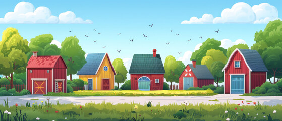 Colorful illustration of a charming village with quaint houses and barns amidst greenery. - obrazy, fototapety, plakaty
