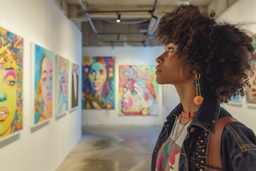 Young Female Art Enthusiast Admiring Colorful Contemporary Paintings In Gallery Exhibition - obrazy, fototapety, plakaty