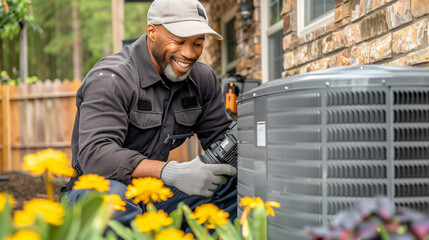 HVAC Maintenance in a Blooming Garden. A technician inspects and repairs an outdoor HVAC unit surrounded by vibrant yellow flowers, with a house in the background. professional maintenance service in 