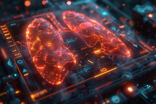 An artistic 3D render of futuristic digital interfaces displaying real - time data on lung function and blood circulation