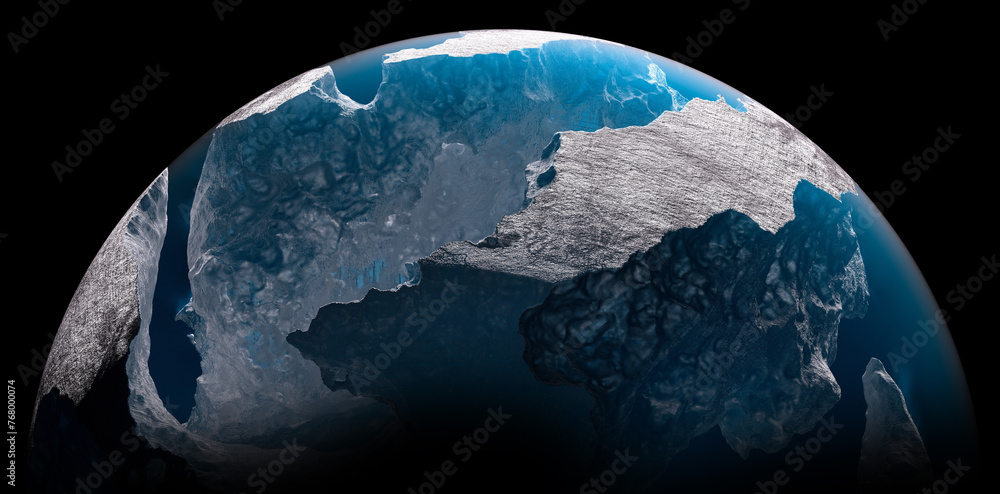 Wall mural 3d render of abstract art part of 3d blue glass ball or sphere planet earth with translucent rough i
