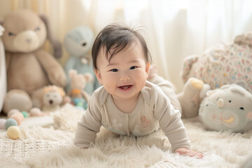 Joyful Asian baby smiles radiantly amid soft toys, capturing the innocence and delight of childhood.