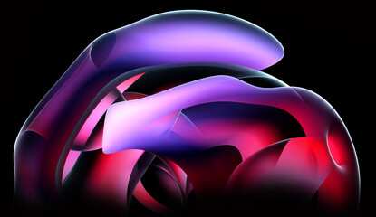 3d render abstract art of surreal alien flower in curve wavy round and spherical lines forms in transparent plastic material with glowing purple pink and white color core on black background