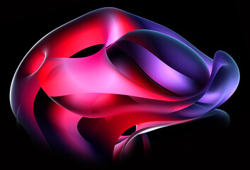 3d render abstract art of surreal alien flower in curve wavy round and spherical lines forms in transparent plastic material with glowing purple pink and white color core on black background