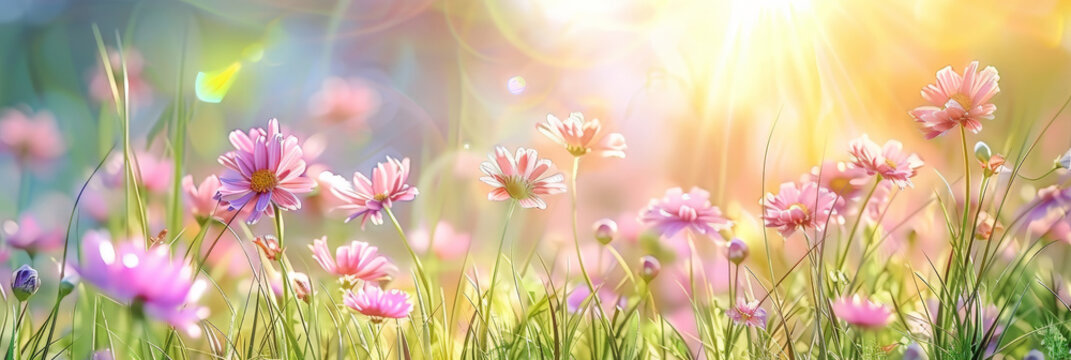 Beautiful spring meadow with grass and flowers in sunlight background banner, spring themed designs, nature projects, backgrounds, greeting cards, and floralthemed marketing materials.	
