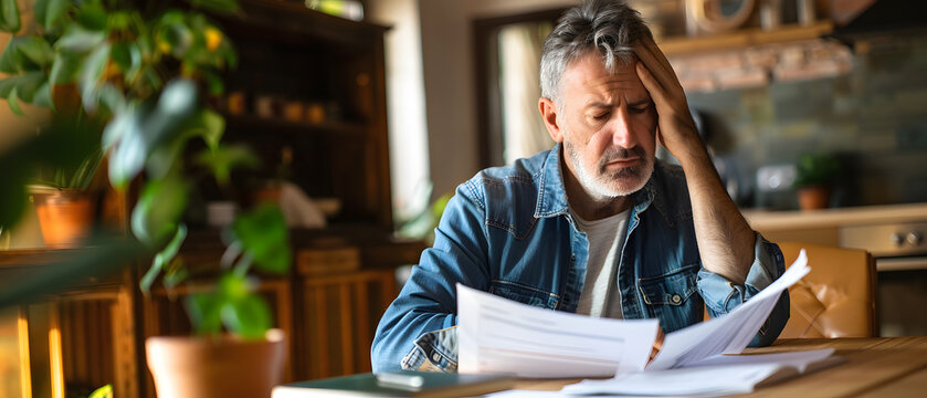 Upset business owner reading negative mail, concerned about tax issue, debt, and money issues.