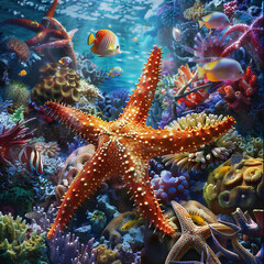 Starfish in a coral reef with corals and fish