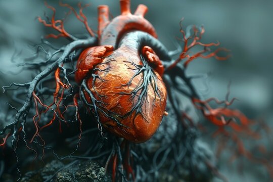 An artistic 3D visualization of a tumor in the heart's chambers, illustrating the challenges of cardiac tumors 