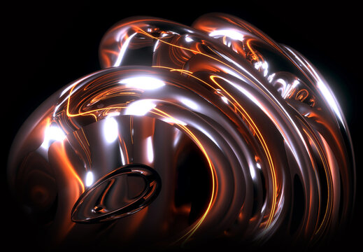 3d render abstract art part of surreal mystic alien ball or sphere sculpture in curve wavy organic lines forms in deformation process in translucent glass material with laser plasma yellow lines