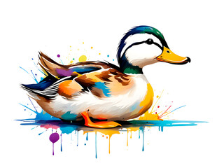 Obraz premium The painting of colorful ducks, domestic ducks, and wild ducks on a splashing white background