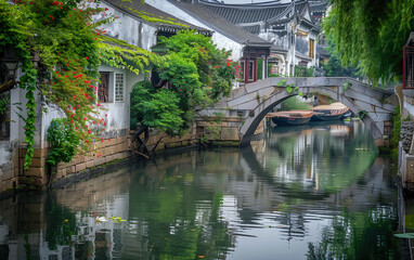 Small town scenery in Jiangnan, China,created with Generative AI tecnology.