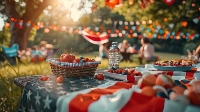 Summer picnic setup with basket and food on American flag blanket. Independence Day celebration outdoors with blurred party background.