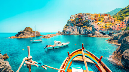 Sunny Coastal Scene: Colorful Boats and Village by the Sea