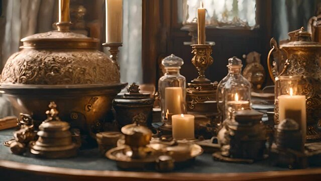 Ornate antique bronze and silver objects displayed on a wooden table with candles
