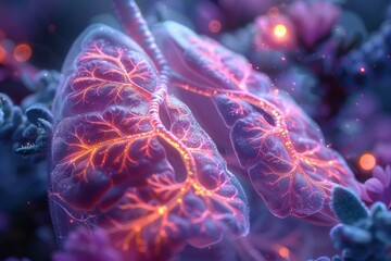 An artistic 3D visualization of a tumor in the lungs' bronchial passages, illustrating the challenges of lung tumors - obrazy, fototapety, plakaty