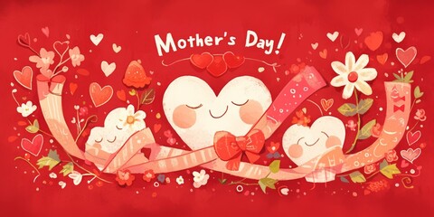 Mother's Day Celebration with Hearts and Flowers, Vector Illustration