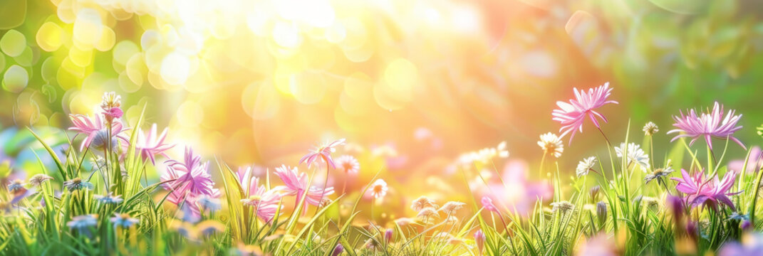 Beautiful spring meadow with grass and flowers in sunlight background banner, spring themed designs, nature projects, backgrounds, greeting cards, and floralthemed marketing materials.	
