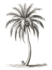 Black and white silhouettes sketches of tropial coconut palm tree,  isolated on white background. - obrazy, fototapety, plakaty
