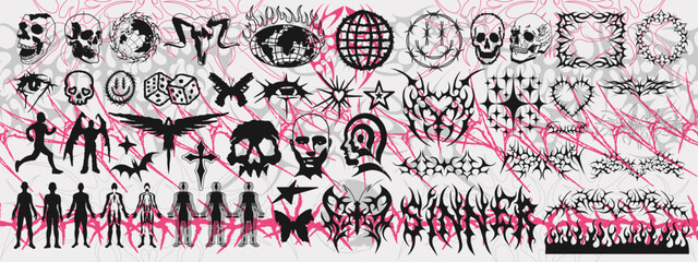 Set Of Y2k Cyber Punk Vector Elements. Collection Of Neo Tribal Gothic Graphics. Streetwear Pattern Signs.
