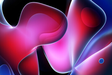 3d render abstract art of surreal 3d background in curve wavy round and spherical lines forms in transparent plastic material with glowing blue red and purple color core on black background