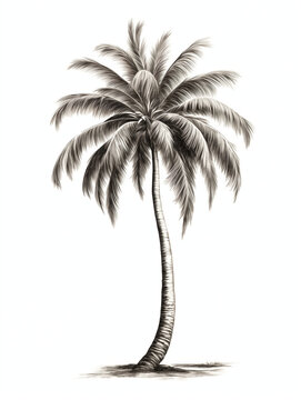 Black and white silhouettes sketches of tropial coconut palm tree,  isolated on white background.