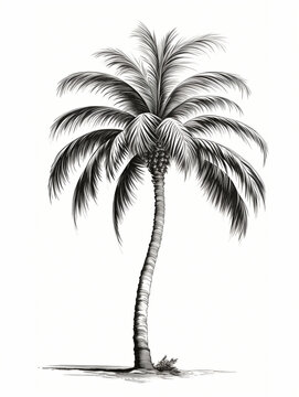 A single tropical green palm tree isolated on white background, ai generated illustration
