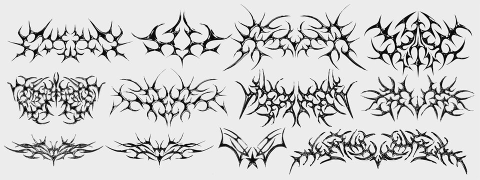 Neo Tribal Tattoo Shapes Collection. Set Of Cyber Sigilism Y2k Streetwear Elements Vector Design. Dirty Death Metal Band Logo Sign.