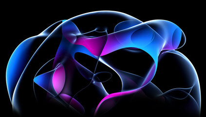 3d render of abstract art of surreal 3d ball or sphere in curve wavy round and spherical lines forms in transparent plastic material with glowing purple pink and violet color core on black background