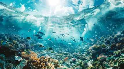 Fotobehang An underwater scene highlighting the beauty of the ocean's biodiversity with coral reefs, marine life, and a group of divers removing plastic waste, showcasing the efforts in ocean preservation. © Exnoi