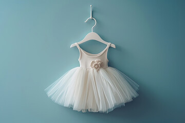 Cute white child girl ballet dress on a hanger isolated on light blue background