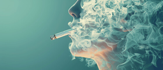 Profile view of an individual smoking, with exhaled smoke creating a hazy atmosphere around them. - obrazy, fototapety, plakaty