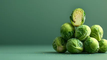 Deurstickers Pile of brussels sprouts on a green backdrop with dramatic lighting. © Jan