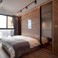 Wooden wardrobe with glossy sliding doors in minimalist style interior design of modern bedroom. 3d render.