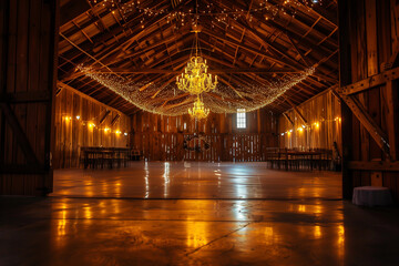 Naklejka premium An opulent chandelier and twinkling string lights cast a golden hue over an expansive wooden barn interior, awaiting a festive occasion.