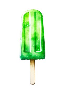 Watercolor illustration of a green fruit popsicle isolated on white background.