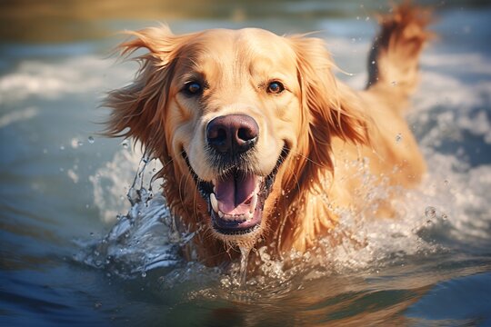 a dog in water with its mouth open