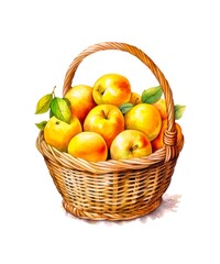 Watercolor illustration of a wicker basket with ripe apples isolated on white background.	